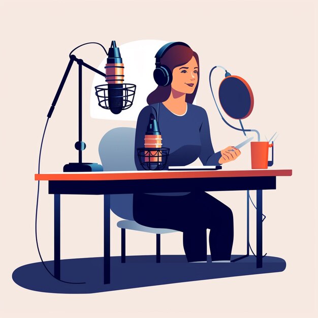 mulher arafa sentada em uma mesa com um microfone e uma xícara IA generativa