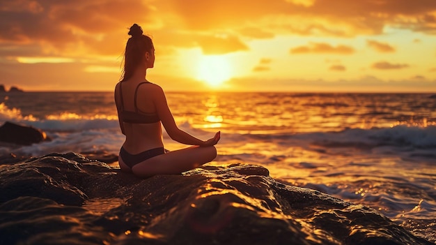 Foto mulher arafa sentada em uma pedra no oceano ao pôr do sol generativa ai