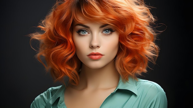 mulher arafada com cabelos ruivos brilhantes e olhos azuis posando para uma foto IA generativa