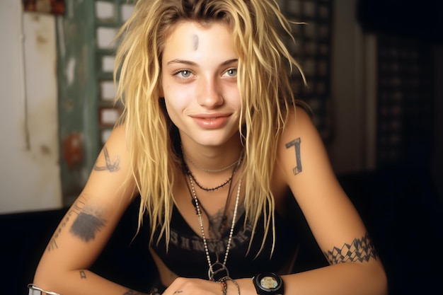 mulher arafada com dreadlocks e tatuagens sentada em uma mesa Generative AI