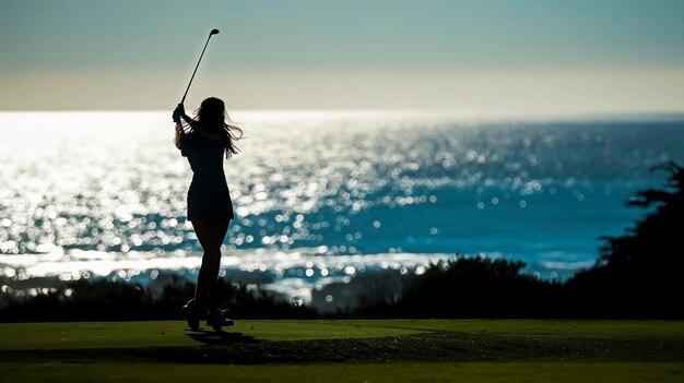 Mulher Arafed jogando golfe em um dia ensolarado com o oceano ao fundo