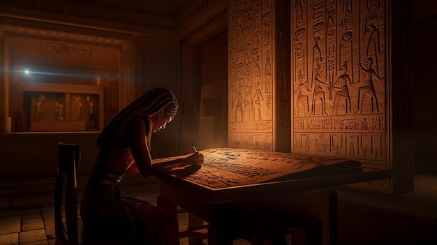 Mulher Arafed sentada em uma mesa escrevendo em uma sala escura