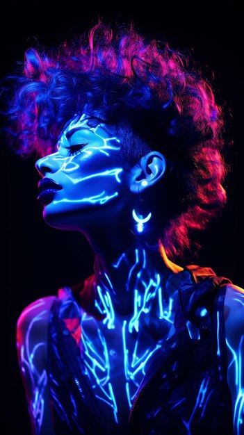 Foto mulher arrafada com maquiagem de néon e maquiagem em néon em uma sala escura generativa ai