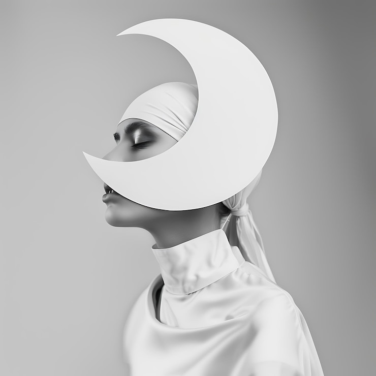 Foto mulher arrafada com um turbante branco e um rosto em forma de crescente