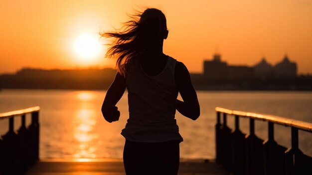 mulher arrafada correndo em um cais ao pôr do sol com uma cidade no fundo ai generativo