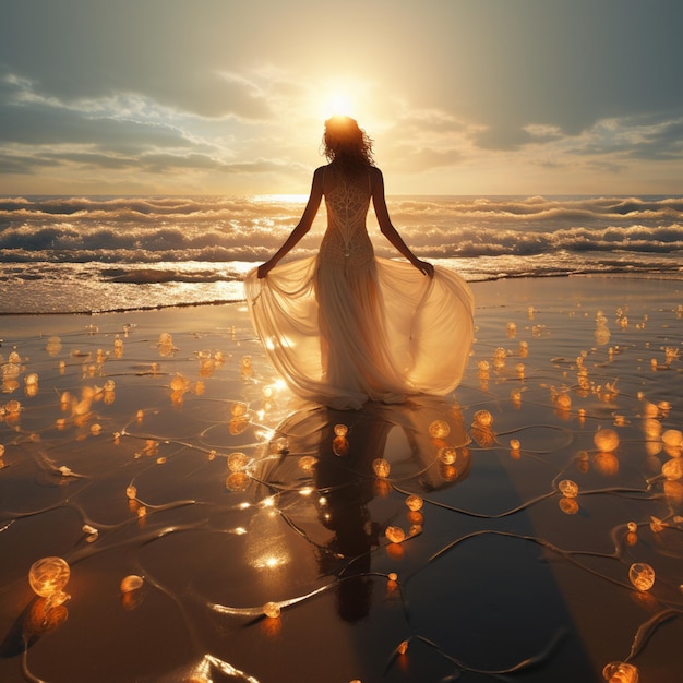mulher arrafada em um vestido branco caminhando em uma praia com um monte de velas generativa ai
