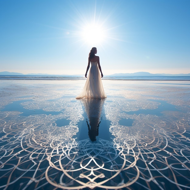 mulher arrafada em um vestido branco de pé no meio de um lago generativo ai