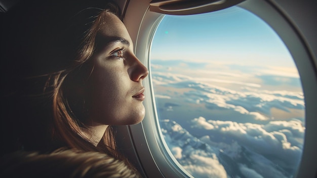 Foto mulher arrafada olhando pela janela de um avião para o céu