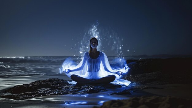 mulher arrafada sentada em uma pose de lótus em uma praia com uma luz azul brilhante generativa ai