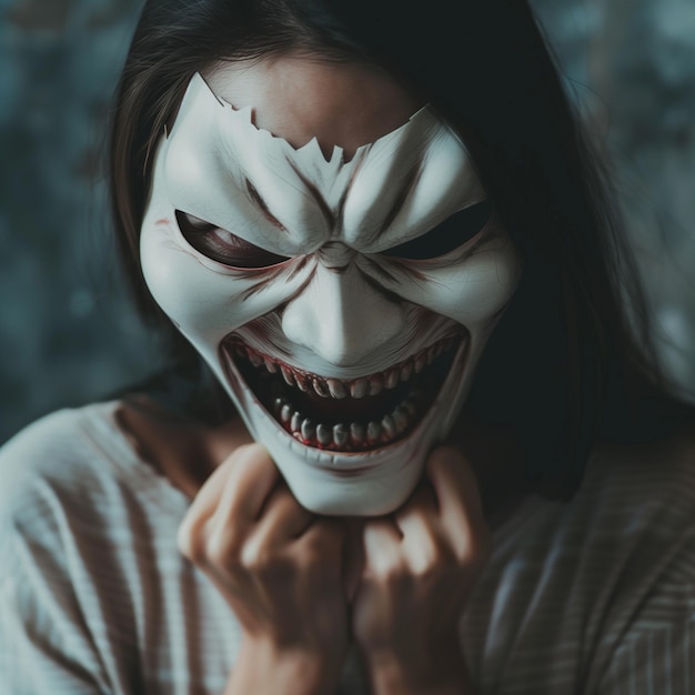 mulher arrafada usando uma máscara branca com um sorriso no rosto generativo ai