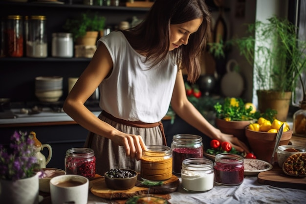 Foto mulher arranjando ingredientes para um bolo vegano cru