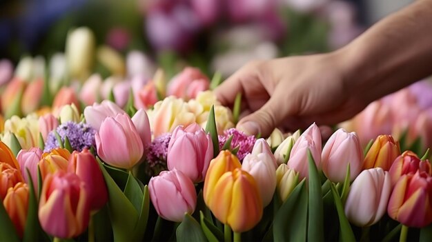 Mulher arrumando tulipas em uma floricultura