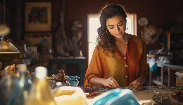 Mulher artesã criando jóias em uma oficina