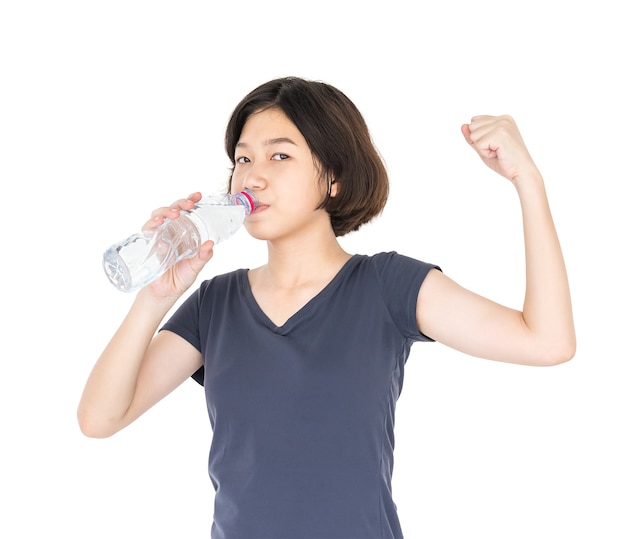 Mulher asian, bebendo, água engarrafada