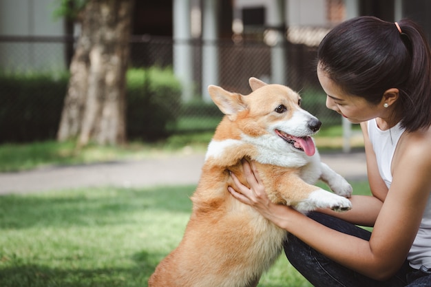 Foto mulher asian, com, galês, corgi, pembroke, cão