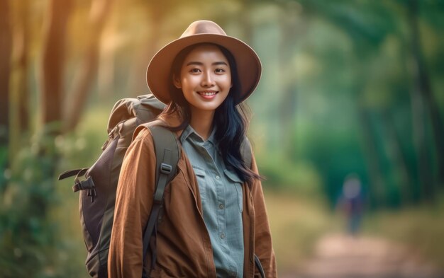 Mulher asiática a caminhar na floresta.