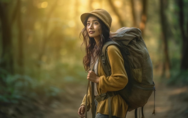 Mulher asiática a caminhar na floresta.