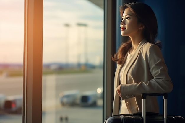 Foto mulher asiática à espera do anúncio de embarque para o seu voo