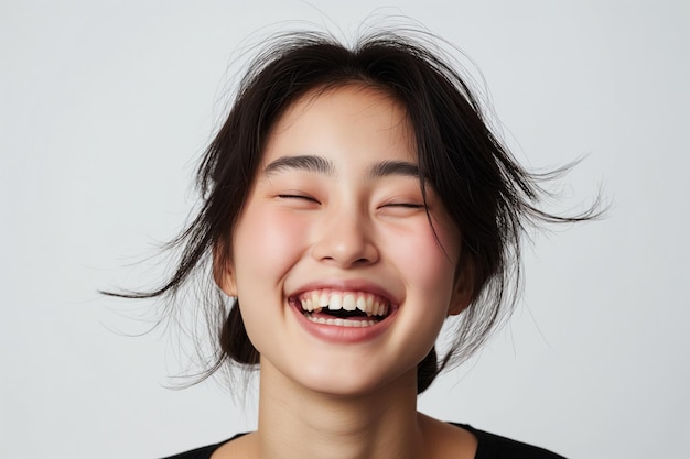 Mulher asiática a rir, fotografia de estúdio, IA generativa.