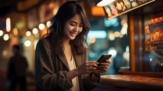 Mulher asiática a sorrir e a jogar ao telefone.