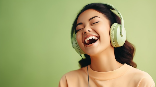 Mulher asiática alegre de roupas cor-de-rosa dançando e cantando com fones de ouvido em fundo de estúdio verde