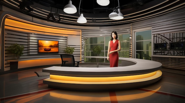 mulher asiática âncora de notícias apresentador de notícias de TV estúdio virtual de notícias