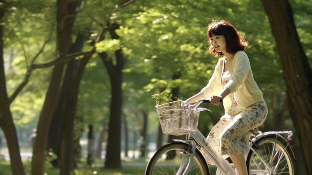 Mulher asiática andando de bicicleta