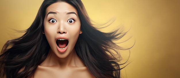 Mulher asiática animada apresentando um produto com uma expressão surpresa e feliz e boca aberta olhando para o espaço da cópia