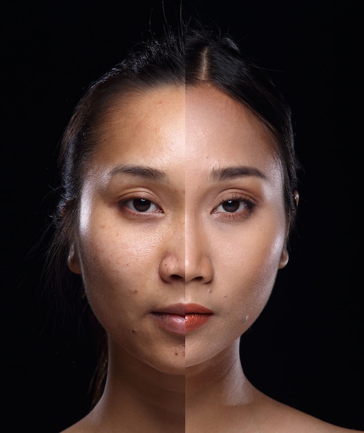 Mulher asiática antes de aplicar maquiagem estilo de cabelo. sem retoque, rosto fresco com pele bonita e macia. fundo preto da iluminação do estúdio. foto de identificação de retrato com luz dramática