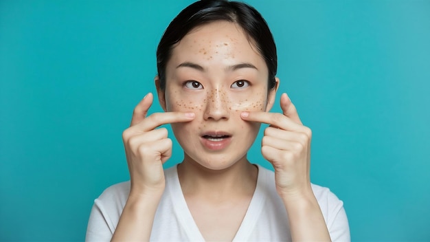 Foto mulher asiática apertando espinhas no rosto conceito de estilo de vida de cuidados com a pele