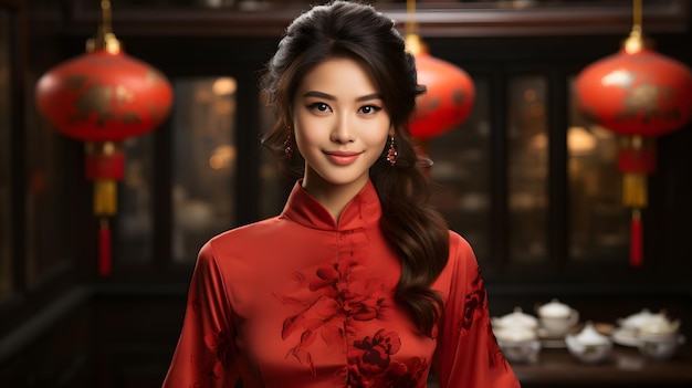 mulher asiática arafada com vestido vermelho posando para uma foto IA generativa