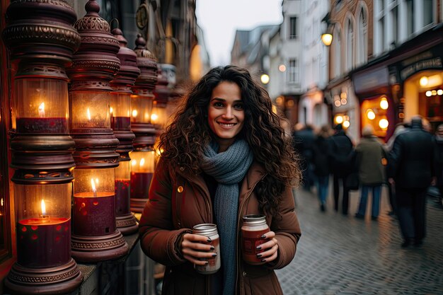 Mulher asiática atraente a caminhar pela rua velha.