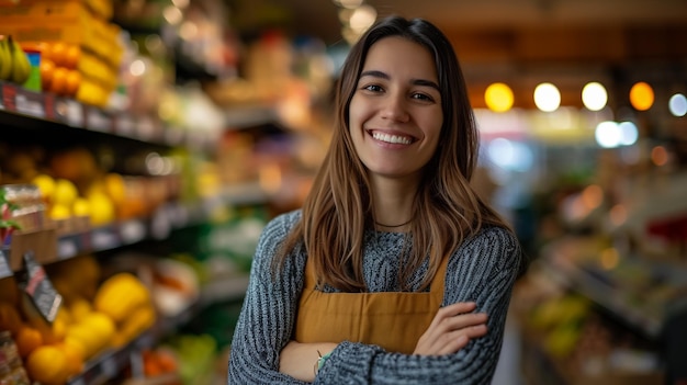 Mulher asiática atraente trabalhando em um supermercado de pé na caixa com os braços cruzados olhando para a câmera sorrindo