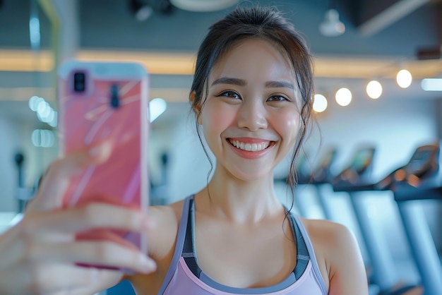 Mulher asiática capturando selfie em roupas esportivas