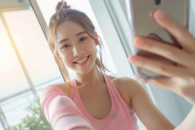 Mulher asiática capturando selfie em roupas esportivas