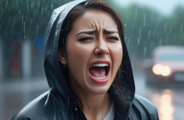 Mulher asiática chateada gritando na rua sob a chuva choque e colapso emocional depressão