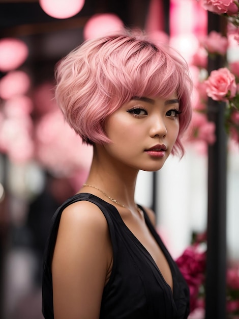 Mulher asiática com cabelo rosa curto com um penteado bob chique