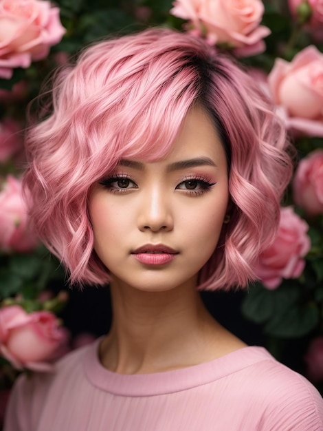 Mulher asiática com cabelo rosa curto com um penteado bob chique