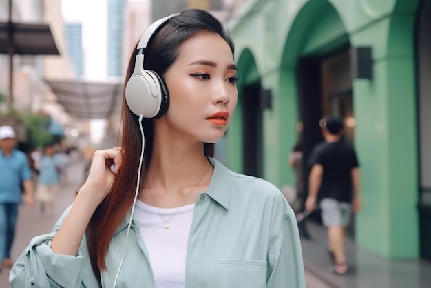 Mulher asiática com jaqueta azul clara ouve música com fones de ouvido na IA geradora de rua da cidade