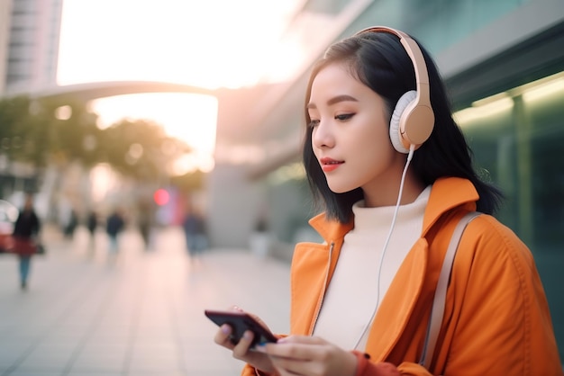 Mulher asiática com jaqueta laranja ouve música com fones de ouvido na IA geradora de rua da cidade