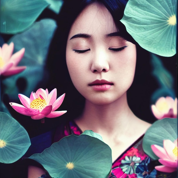 Mulher asiática com olhos fechados e flores em renderização 3d de fundo