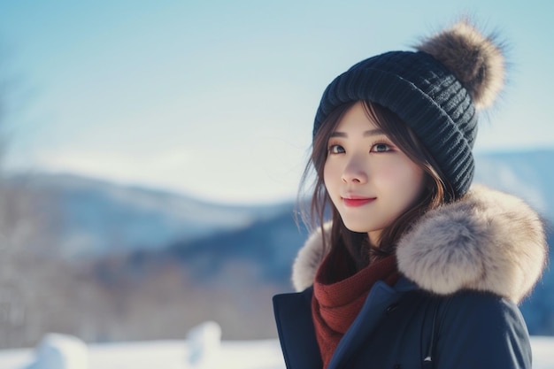 Mulher asiática com um casaco azul fica na neve no inverno