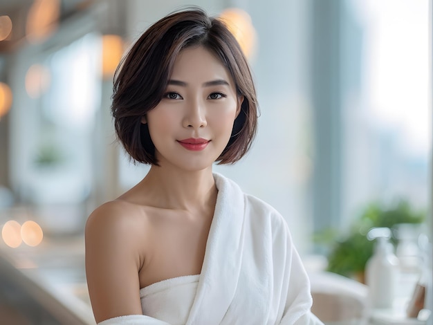Foto mulher asiática com uma toalha branca sentada em uma mesa