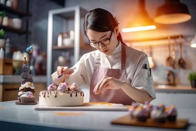 Foto mulher asiática cozinhando doces para a família