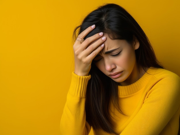 Mulher asiática de 40 anos em pose dinâmica emocional em fundo sólido