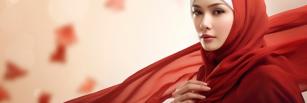 Foto mulher asiática de hijab vestindo vermelho branco imagem de fundo