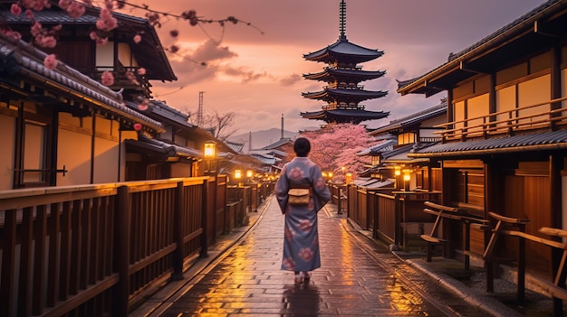 Mulher asiática de kimono com guarda-chuva em Kyoto