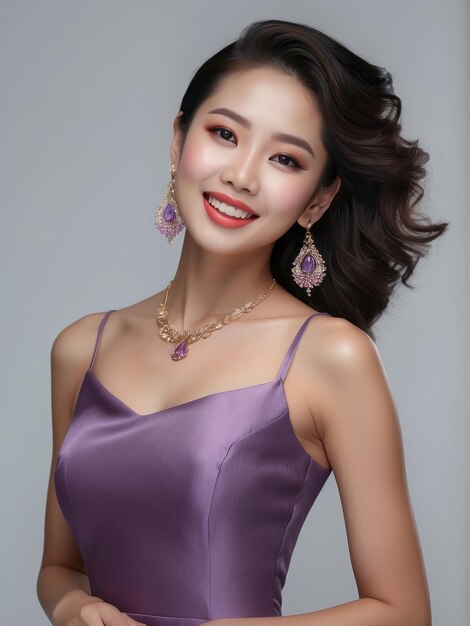 Mulher asiática de moda com boa figura e pele clara e fresca em vestido roxo à moda