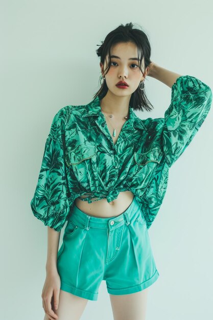 Mulher asiática de moda de verão chique com camisa verde com estampa tropical e calções azuis