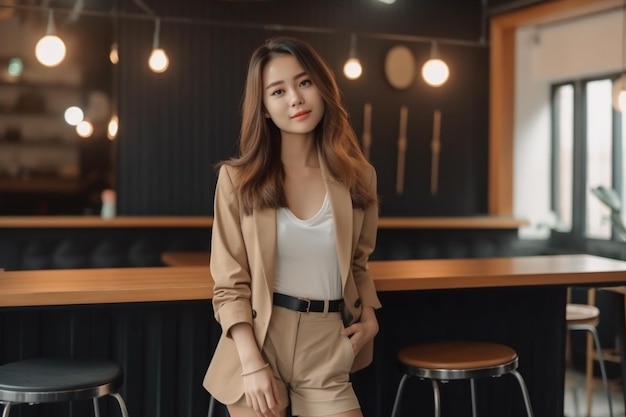 Mulher asiática de terno em pé em um bar